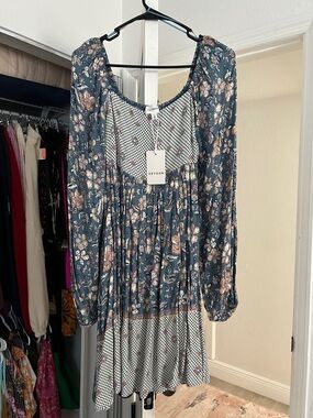 NWT SIZS SM Heyson Floral Boho Long Sleeve Mini Dress in Teal
